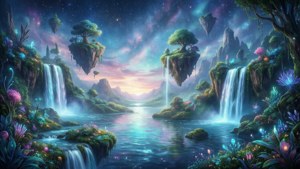 在星空下，有瀑布和發光花朵的浮島。