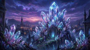 暮色天空下，哥德式建築的發光水晶城堡。