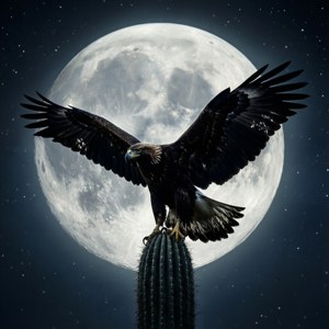 鷹棲息在仙人掌上，滿月星空下