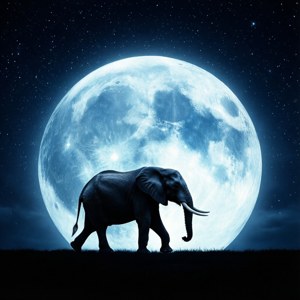 大象在繁星點點的夜空下，於一輪巨大的發光月亮下行走。