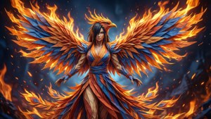 一位神話中的鳳凰女子，擁有火焰翅膀，站在火焰之中。