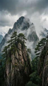 高聳的山頂被迷霧籠罩，岩石懸崖上有松樹。