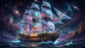 一艘發光的船在色彩繽紛的星雲天空下航行於宇宙水域。