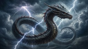 一條銀龍在雷暴中閃電環繞，眼睛發光。