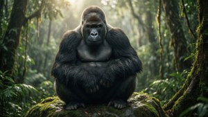 一隻銀背大猩猩平靜地坐在茂密叢林中的苔蘚石頭上，陽光穿過樹木灑落下來。
