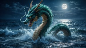 青綠色龍在滿月下從海洋升起