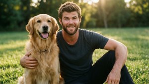 男人和金毛獵犬在陽光明媚的草地上一起微笑。