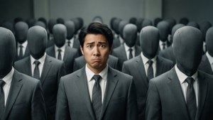 灰色辦公室環境中，西裝男子被戴面具的同事包圍。