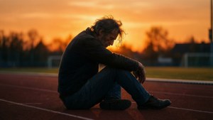 一名男子獨自坐在夕陽下的跑道上，低著頭靜靜沉思。