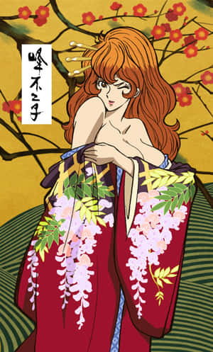 櫻花下穿著紅色花卉和服的動漫女孩 — Galaxy Tab A 壁紙