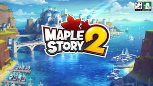 Maple Story 2 遊戲標題位於一個有船隻和藍色圓頂建築的沿海小鎮上方。 — 電玩遊戲 GIF 壁紙