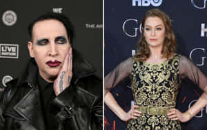 Marilyn Manson 與一位身穿金色禮服的女子在紅毯活動中。 — MacBook Pro M1 壁紙