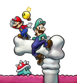 Mario 和 Luigi 攀爬一個骨頭，上方有星星，下方有一隻 Goomba 看著。 — 榮耀Magic V6 壁紙