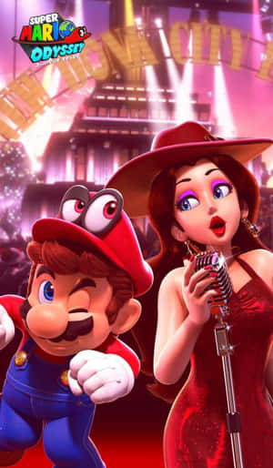Mario 在霓虹燈照亮音樂會舞台上，在一個穿著紅色連衣裙的歌手旁邊眨眼。 — Infinix Xpad 20 Pro 壁紙