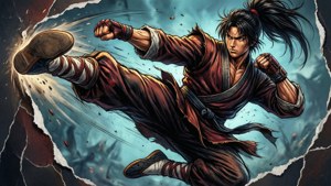 身穿紅色長袍的武術家透過撕裂紙張效果表演高飛踢。