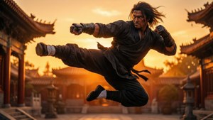 武術家在日落時分於傳統亞洲建築前表演高踢。