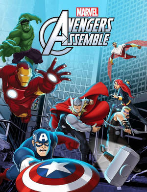 Marvel Avengers Assemble 動畫系列海報，超級英雄團隊擺出動作姿勢。 — 漫威標誌 壁紙
