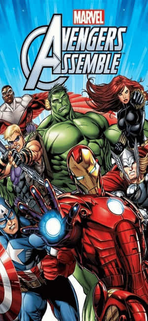 Marvel Avengers 團隊以漫畫風格動作姿勢，配以發光的斥力炮和盾牌。 — iPhone 16 Pro Max 壁紙