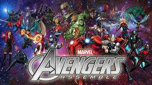Marvel Avengers 團隊在充滿星星的宇宙戰鬥場景中英勇擺姿勢。 — 漫威復仇者聯盟 壁紙