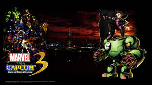 Marvel vs Capcom 3 遊戲桌布，以黃昏的城市天際線為背景，展示英雄和機器人戰士。 — 卡普空 壁紙