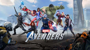 Marvel 復仇者聯盟團隊在戰損的城市環境中英勇擺姿勢。 — 漫威復仇者聯盟 壁紙