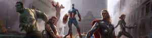 Marvel 超級英雄在煙霧和城市廢墟中戰鬥。 — 漫威復仇者聯盟 壁紙