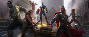 Marvel 超級英雄在被毀壞的街道上與黃色計程車戰鬥。 — 漫威復仇者聯盟 壁紙