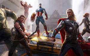 Marvel 超級英雄在城市街道戰鬥場景中，有一輛黃色計程車。 — 漫威復仇者聯盟 壁紙