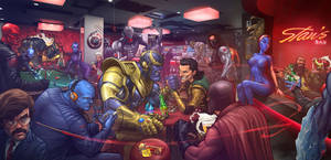 Marvel 角色在充滿活力的霓虹酒吧中社交，有撞球桌和飲料。 — 漫威復仇者聯盟 壁紙