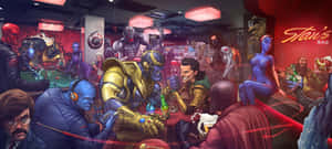 Marvel 角色在充滿活力的霓虹酒吧中社交，有撞球桌和飲料。 — 漫威復仇者聯盟 壁紙