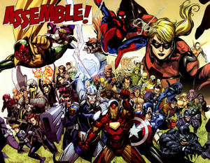 Marvel超級英雄與反派團隊集結戰鬥，帶有「ASSEMBLE!」文字。 — 漫威復仇者聯盟 壁紙