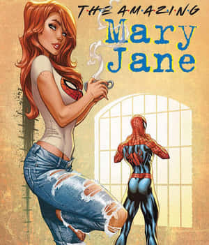 Mary Jane 穿著破洞牛仔褲喝咖啡，蜘蛛人站在她身後的門口。 — Galaxy Z Fold 壁紙