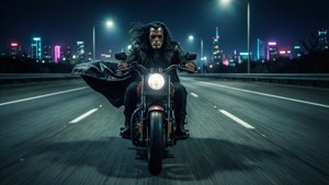 戴面具和披風的機車騎士在夜晚城市燈光下於高速公路騎機車。