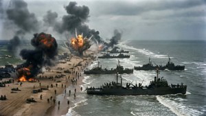 軍事船隻在大型戰爭行動中，於爆炸和煙霧中登陸部隊到海灘。