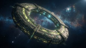 一個發光的未來派太空站，繞著一個充滿星光的彩色星雲運行。