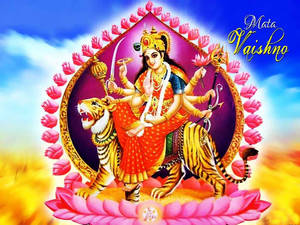 女神 Vaishno 騎著老虎站在粉紅蓮花上，帶有粉紅蓮花邊框和藍天。 — 靈性美學 壁紙