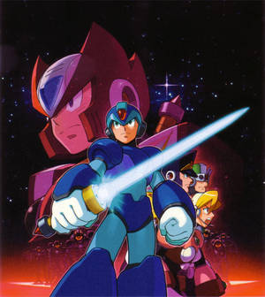 Mega Man X 與盟友在太空戰鬥中，發光劍和星空背景。