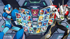 Mega Man X 和一個機器人夾著一個發光的角色頭像網格，處於科幻場景中。 — 洛克人 壁紙