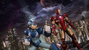 兩位裝甲英雄 Mega Man 和 Iron Man 在夜晚發光的城市上空以英雄姿態擺姿勢。 — 洛克人 壁紙