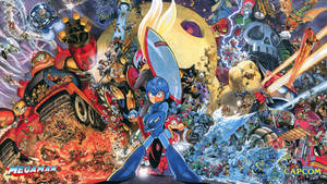 Mega Man 在色彩繽紛的動漫戰鬥場景中，有機器人和爆炸。 — 洛克人 壁紙