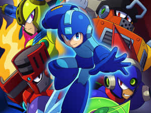 Mega Man 和他的機器人盟友在色彩繽紛的動畫動作場景中。 — 美國正義協會 壁紙