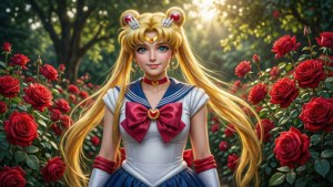 日落時分，美少女戰士在紅玫瑰園中。