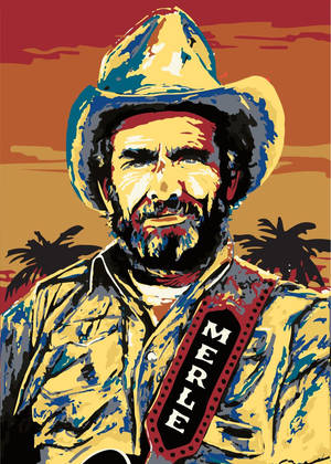 音樂家 Merle Haggard 戴牛仔帽和吉他帶，背景是日落棕櫚樹的肖像。 — 梅莉達 壁紙