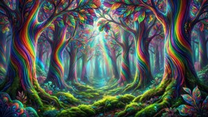 發光的神秘森林中，色彩繽紛的彩虹樹和長滿苔蘚的地面。