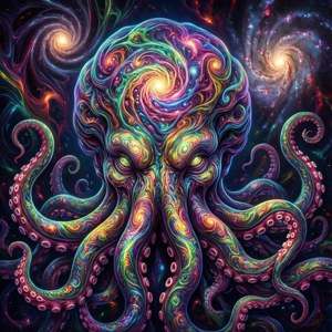 在旋轉的銀河中，一隻帶有彩虹觸手的發光宇宙章魚。