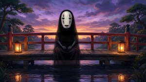 一個蒙面人物坐在暮色中的橋上，有發光的燈籠和紫色天空。