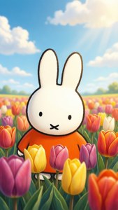 Miffy 在晴朗的日子裡享受五彩繽紛的鬱金香。