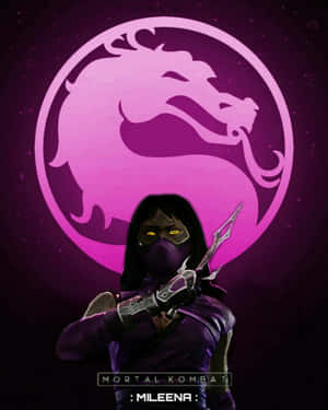 Mileena 來自 Mortal Kombat，手持 Sai，眼睛發光，對著紫色龍標誌。 — Apple Watch Ultra 壁紙