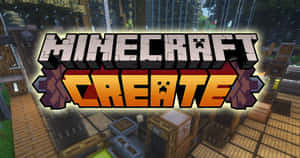 Minecraft Create 標誌在雨中的木製底座上發光，背景有箱子與樹木。 — 我的世界迷因 壁紙