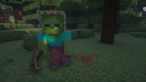 Minecraft 殭屍在森林中手持劍，地上有血。 — 我的世界苦力怕 壁紙